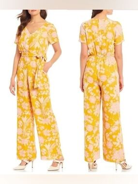 Gibson Latimer Yellow Floral Wrap Maxi Dress with Pink Accents